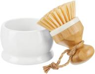 🔸 mdesign bamboo wood round mini scrub brush with holder - kitchen sink, bathroom, household cleaning - wash dishes, pots, pans, vegetables - echo collection - white/natural logo