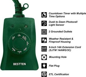 img 3 attached to 🎄 [2 Pack] BESTTEN Weatherproof Outdoor Plug-In Photocell Timer Switch with 2 Grounded Outlets, Light Sensor and Dusk to Dawn Countdown Timer, for Christmas Decorations, Green Color, ETL Listed
