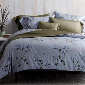 img 4 attached to 🌼 Eikei Vintage Botanical Flower Print Bedding 400 Thread Count Cotton Sateen Romantic Floral Scarf Duvet Cover 3 Piece Set - Colorful Antique Drawing of Summer Lilies and Daisy Blossoms in Dusty Blue - Queen Size