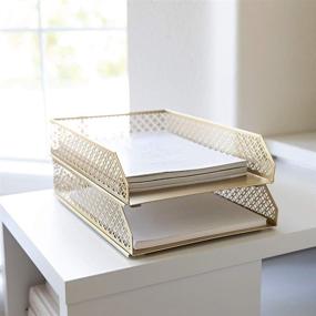 img 1 attached to 📚 Blu Monaco Gold Desk Organizer: Stackable Paper Tray Set of 2 - Efficient Metal Two Tier Tray - Stackable Letter Tray - Inbox Tray for Desk