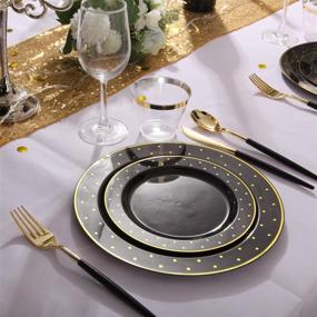 img 2 attached to 🍽️ 102Pcs Plastic Black and Gold Plates, 51 Dinner Plates 10.25” & 51 Dessert Plates 7.5” with Gold Dot Design, High-Quality Gold Disposable Plates for Birthday Party and Weddings