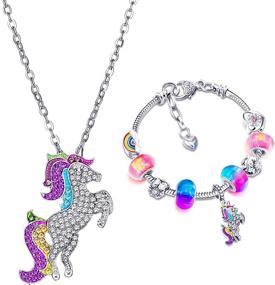 img 4 attached to 🦄 Hicarer Unicorn Sparkly Crystal Charm Bracelet Necklace Set: The Perfect Christmas or Birthday Gift for Girls and Ladies, Complete with Greeting Card Gift Box