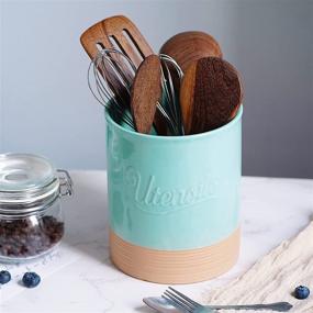 img 3 attached to 🍶 Ceramic Kitchen Utensil Holder, Large Farmhouse Countertop Holder with Anti Slip Cork Base - Turquoise