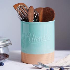 img 2 attached to 🍶 Ceramic Kitchen Utensil Holder, Large Farmhouse Countertop Holder with Anti Slip Cork Base - Turquoise