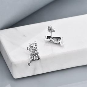 img 2 attached to 🐱 Sterling Silver Skeleton Cat Stud Earrings | Hypoallergenic Cat Earrings | Unique Animal Jewelry for Girls & Women