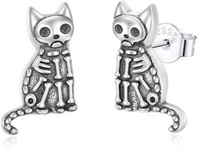 img 4 attached to 🐱 Sterling Silver Skeleton Cat Stud Earrings | Hypoallergenic Cat Earrings | Unique Animal Jewelry for Girls & Women