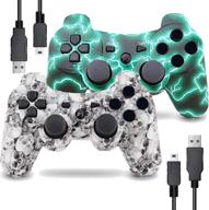 🎮 enhanced gaming experience: ps3 controller 2 pack with wireless motion sense, dual vibration, and charging cord (white+green) logo