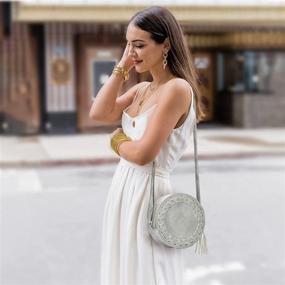 img 2 attached to JOSEKO Women Crossbody Bags, Grey PU Leather Zipper Shoulder Bag with Tassel, Round Cell Phone Purse - Dimensions: 7.48''(L) x 7.48''(W) x 2.75''(H)