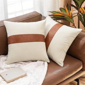 img 4 attached to 🛋️ MIULEE Pack of 2 Stripe Boho Throw Pillow Covers: Decorative Square Farmhouse Pillowcase with Faux Leather Accent for Sofa, Bedroom, Car - 18 X 18 Inch Khaki