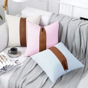 img 1 attached to 🛋️ MIULEE Pack of 2 Stripe Boho Throw Pillow Covers: Decorative Square Farmhouse Pillowcase with Faux Leather Accent for Sofa, Bedroom, Car - 18 X 18 Inch Khaki