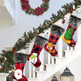 img 2 attached to 🎄 Hiquaty Christmas Stockings Plaid 4 Pack - 18 Inches Burlap Stocking Plaid Style with Santa, Snowman, Reindeer, Tree - Xmas Stockings Plush Faux Fur Cuff - Fireplace Hanging Christmas Decorations
