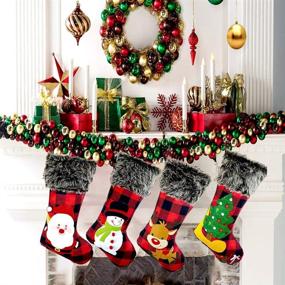 img 1 attached to 🎄 Hiquaty Christmas Stockings Plaid 4 Pack - 18 Inches Burlap Stocking Plaid Style with Santa, Snowman, Reindeer, Tree - Xmas Stockings Plush Faux Fur Cuff - Fireplace Hanging Christmas Decorations