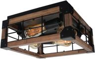 🔲 beuhouz square farmhouse flush mount light, black metal and wood rustic ceiling light fixture industrial close to ceiling wire cage light - 4 light edison e26 8024 логотип