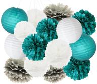 🎉 teal bridal shower decorations: white teal grey tissue pom pom lanterns for teal themed party, wedding, blue baby shower, sweet 16 birthday, mermaid party supplies logo