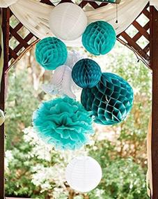 img 3 attached to 🎉 Teal Bridal Shower Decorations: White Teal Grey Tissue Pom Pom Lanterns for Teal Themed Party, Wedding, Blue Baby Shower, Sweet 16 Birthday, Mermaid Party Supplies