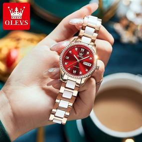 img 3 attached to 🌹 OLEVS Rose Gold Ceramic Ladies Watch - Elegant Self Winding Diamond Woman's Watch with Waterproof Stainless Steel Strap, Double Calendar, Luminous Dial, Mechanical Movements - Perfect Gift for Mother, Lady, Dress Watch