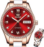 🌹 olevs rose gold ceramic ladies watch - elegant self winding diamond woman's watch with waterproof stainless steel strap, double calendar, luminous dial, mechanical movements - perfect gift for mother, lady, dress watch logo