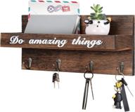 🗝️ decorative wall key holder and mail organizer with vintage rustic wooden shelf - 4 key hooks, wall mounted mail holder for living room, kitchen, entryway, bathroom, and office логотип