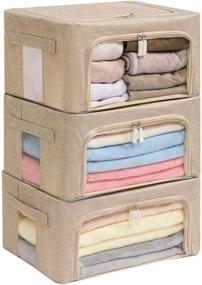 img 4 attached to 📦 Large Capacity Foldable Storage Bins - Stackable Clothes Container Organizer with Clear Window & Carry Handles, Frame Storage Box in Linen Fabric (Small-22L, Beige)