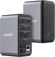 lasuney 15-in-1 usb c laptop docking station with multiple displays (3 hdmi, vga, ethernet, dual usb-c inputs, 4 usb-a and 2 usb-c ports for data and charging, audio/mic, ac/dc) logo