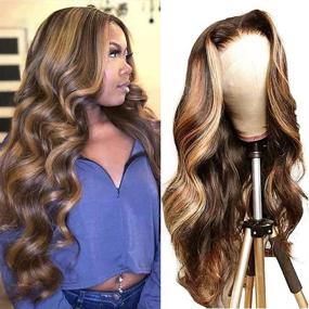 img 4 attached to 💇 14 inch Brazilian Ombre Blonde Lace Front Wig Human Hair Body Wave for Black Women - Pre Plucked 150 Density Highlight Color 4/27 13x1 Lace Frontal Wig
