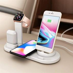 img 3 attached to 🔌 Удобная беспроводная зарядная станция 4 в 1 для Apple iPhone, AirPods, iWatch, Samsung Galaxy S20 и других устройств с поддержкой Qi - вращающаяся вилка, белого цвета.