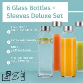 img 3 attached to 🍶 Premium Glass Water Bottles 6 Pack Deluxe Set 18oz - Includes 6 Protective Sleeves. Stainless Steel Lids - Ideal for Kombucha, Juice, Tea