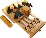 🧀 cheese board and knife set - includes cheese slate, 4 stainless steel knives, charcuterie board with drawer - natural oak cheese/cracker platter - cutting board set for utopia kitchen logo