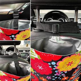 img 1 attached to HAIBOLAN Portable Waterproof Car Trash Bag Canvas Hanging Garbage Bin Flower Leopard Black Plaid Adjustable Cord Leakproof Lining For Camping Outdoor Vehicle (Flower)