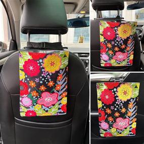 img 2 attached to HAIBOLAN Portable Waterproof Car Trash Bag Canvas Hanging Garbage Bin Flower Leopard Black Plaid Adjustable Cord Leakproof Lining For Camping Outdoor Vehicle (Flower)