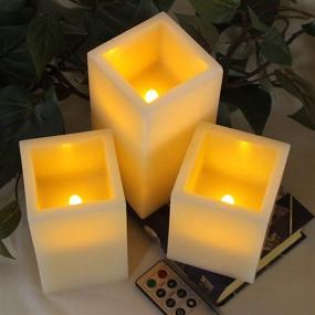 img 1 attached to 🕯️ Flickering Flameless Candles Battery Operated - 3 Square Ivory Wax and Amber Yellow Flame, Auto-Off Timer, Remote Control - Fake Battery Powered Candles by LED Lytes