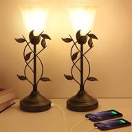 🌿 vintage leaf bedside lamps with dual usb ports and 3-way dimmable control – set of 2 fluorescent table lamps including led bulbs, ideal nightstand lamps for bedrooms, living rooms, and more логотип