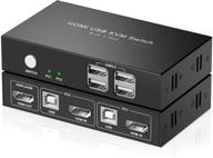 рыбозен kvm-переключатель с hdmi, 2 порта, с usb и hdmi, разделяет клавиатуру, мышь, принтер и hd-монитор, поддерживает 4k hud (3840x2160), включает 2 hdmi-кабеля и 2 usb-кабеля. логотип