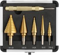 🛠️ comoware step drill bit set & automatic center punch toolkit: unibit, titanium coated, double cutting blades - 5pc short length drill bits with aluminum case - 50 sizes in high speed steel logo