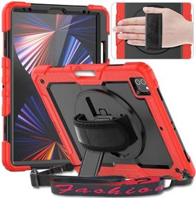 img 4 attached to 🔴 High-quality Timecity Case Compatible with iPad Pro 12.9 inch 2021: Built-in Screen Protector, Swivel Stand, Hand/Shoulder Strap, Pencil Holder - Red