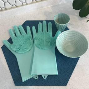 img 2 attached to 🧤 Silicone Reusable Cleaning Brush Heat Resistant Scrubber Gloves - Dishwashing Gloves for Housework, Kitchen Clean, Bathroom, Bathing, Car Washing | 1 Pair (13.6" Large)