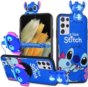 img 4 attached to HikerClub Galaxy S21 5G Case - Stitch Phone Case 3D Cartoon Protective Cover Cute Soft Silicone Case With Phone Stand And Detachable Long Lanyard For Children Girls (Stitch