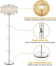 img 2 attached to 💡 Crystal Double Layer Lampshade Floor Lamp - Ideal for Bedroom and Living Room, Elegant Standing Lamp, 61.57" Tall Pole Lamp with Modern Art Decor, Includes 6W LED Bulb, Chrome Finish