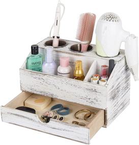 img 4 attached to 💇 Rustic White Wood Hair Dryer Holder and Styling Tool Organizer - Bathroom Vanity Countertop Storage Solution for Curling Irons and Hair Tools