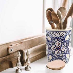 img 3 attached to Handcrafted Ceramic Utensil Caddy - Sturdy Blue and 🍳 White North African Design - Ideal Kitchen Organizer for Cooking Utensils