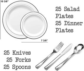 img 3 attached to 125 наборов элегантных одноразовых тарелок с пластиковыми столовыми приборами, в комплект входит по 25шт. обеденных и десертных тарелок, ножей, вилок и ложек, декорированных серебристым краем, для вечеринок, Дней рождения, свадеб и других торжественных мероприятий.