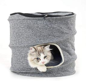 img 1 attached to Fooubaby 3-in-1 Soft Cat Bed with Hood and Pad Plush Round Removable Cover, Warm Hideaway Cylinder Hole, Washable Gray Cat Bed for Indoor Cats, Medium Small Kittens