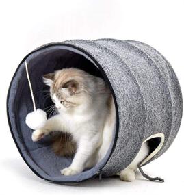 img 4 attached to Fooubaby 3-in-1 Soft Cat Bed with Hood and Pad Plush Round Removable Cover, Warm Hideaway Cylinder Hole, Washable Gray Cat Bed for Indoor Cats, Medium Small Kittens