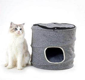 img 2 attached to Fooubaby 3-in-1 Soft Cat Bed with Hood and Pad Plush Round Removable Cover, Warm Hideaway Cylinder Hole, Washable Gray Cat Bed for Indoor Cats, Medium Small Kittens