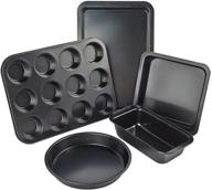 5-piece nonstick bakeware set: cookie sheet, loaf pan, square pan, round cake pan, 12-cup muffin pan logo