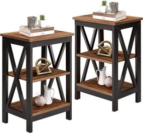 img 4 attached to 🛋️ VECELO Nightstand Sofa Side Table Set with 3-Tier Storage Shelf for Living Room and Bedroom, Sturdy Steel Frame, Quick Assembly, Rustic Brown Finish