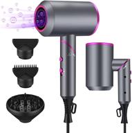 gray hair dryer with 1900w blowing power, diffuser included, ionic technology, ac motor, foldable design, adjustable heat and speed settings, perfect for home, salon, and travel. extra 2 nozzles and 1 diffuser included. logo