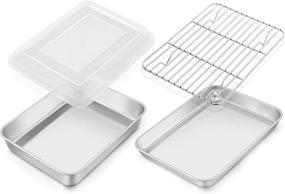 img 4 attached to 🍳 TeamFar Toaster Oven Pan with Cooling Rack and Lid - Stainless Steel Mini Rectangular Cookware Baking Roasting Cake Pan - Healthy & Sturdy - Deep & Visible Lid - Dishwasher Safe - 4 PCS