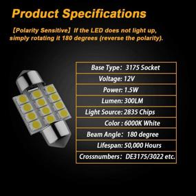 img 1 attached to DE3175 Festoon LED Car Bulb, 31mm 1.22in, Super Bright White, Pack of 6pcs - Ideal for Interior Map, Door, and Dome Lights - Fit for DE3021 DE3022 LED Car Bulb