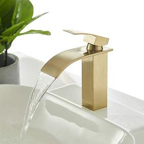 img 2 attached to 💧 Hoimpro Gold Waterfall Spout Bathroom Faucet - Single Handle Vanity Sink Faucet with Deck Plate, Brass / Brushed Gold Finish (1 or 3 Hole)